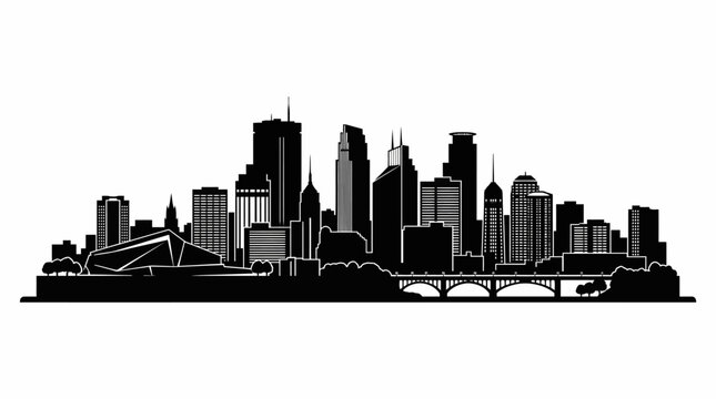 Minneapolis Skyline Silhouette Illustration of Iconic City Buildings and Bridge