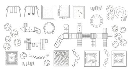 Top View Park and Playground Plan Symbols: Vector Line Art Collection of Recreational Equipment, Garden Mazes, and Outdoor Landscape Elements © Rishi