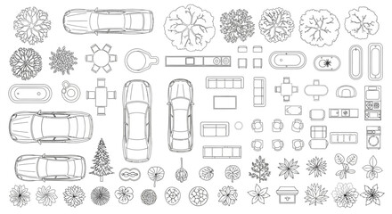 Top View Architectural Plan Symbols Set: Vector Line Art of Cars, Furniture, Trees, and Landscaping Elements for Site Map Design © Rishi