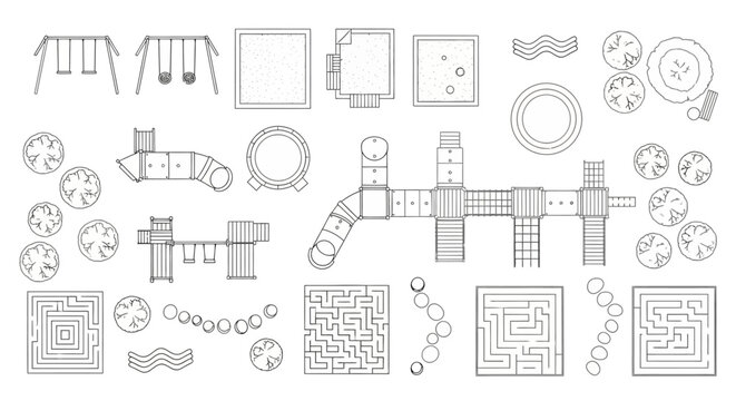 Top View Park and Playground Plan Symbols: Vector Line Art Collection of Recreational Equipment, Garden Mazes, and Outdoor Landscape Elements