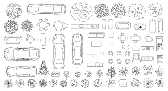 Top View Architectural Plan Symbols Set: Vector Line Art of Cars, Furniture, Trees, and Landscaping Elements for Site Map Design