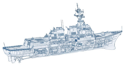 Detailed technical blueprint illustration of a modern naval destroyer, showcasing complex internal engineering and design © Rishi
