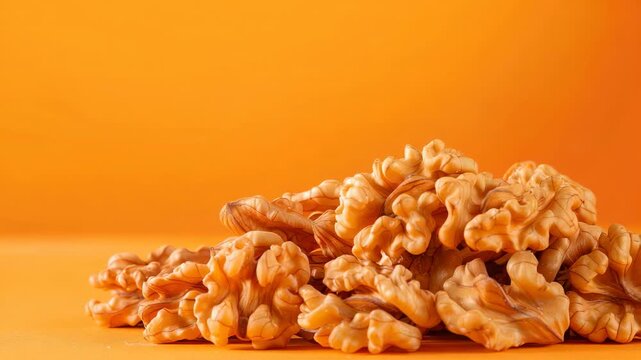 Pile of shelled walnuts on bright orange background