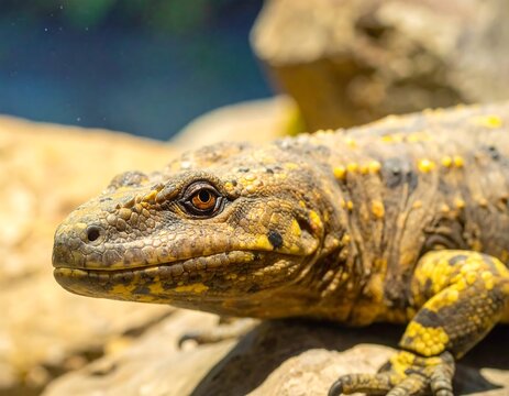 Close-up of a yellow and brown chuckwalla lizard basking in the sunlight