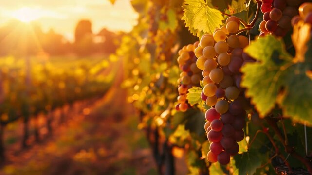 Ripe grapes on vine at sunset in vineyard, with warm golden light casting over scene