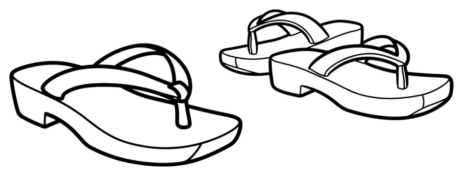 Traditional wooden paduka sandals and modern flip flops in clean line art style