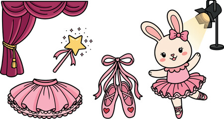 Cute ballerina bunny wearing pink tutu and bow dancing under spotlight with ballet shoes star wand and stage curtain elements
