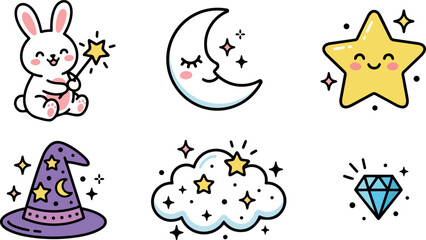 Naklejka premium Cute sitting bunny holding magic wand with smiling happy star and moon cloud diamond illustration set
