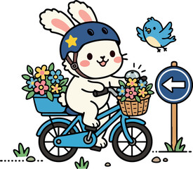 Fototapeta premium Cute bunny wearing blue helmet riding blue bicycle with flower baskets and bird flying near left arrow sign