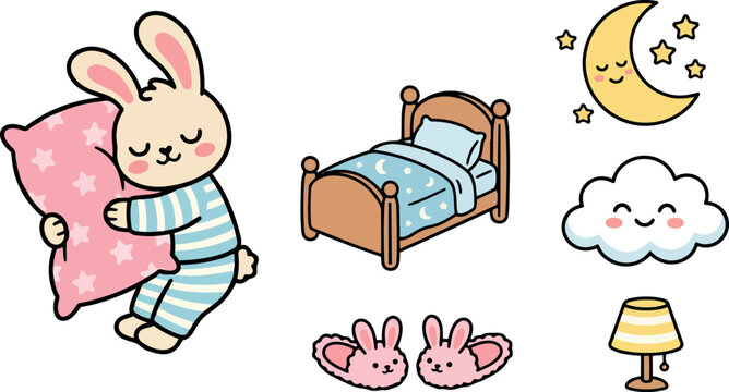 Cute cartoon rabbit holding pink star pillow wearing striped pajamas with bed moon cloud stars lamp bunny slippers sleeping theme