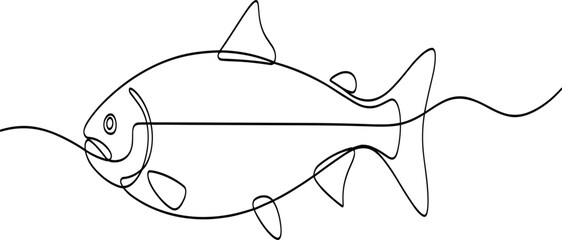 Fototapeta premium Continuous line drawing of a fish swimming in water with a wavy line representing the current animal