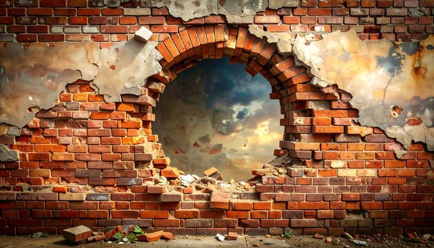 Dramatic sky visible through a large hole in an old weathered brick wall