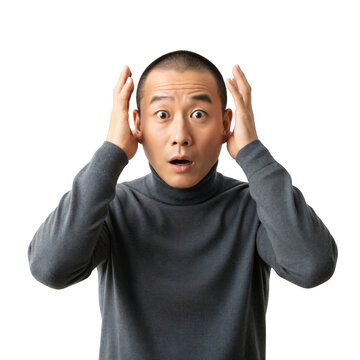 Surprised Asian Man in Grey Turtleneck with Mind Blown Expression on transparent background