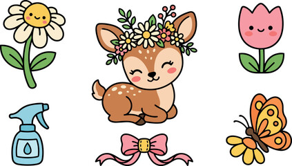 Fototapeta premium Cute smiling fawn with floral crown surrounded by happy flower illustrations and colorful butterfly spray bottle and pink ribbon bow