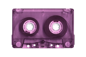 Vintage audio cassette tape isolated. Obsolete technology of audio recording and playback format audio cassette tapes, top view. 80s retro music background.