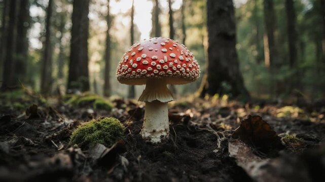 Red mushroom with white spots in forest with trees behind