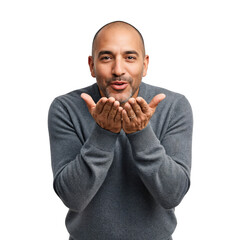 Mature bald man blowing a kiss with hands in grey sweater for virtual gratitude