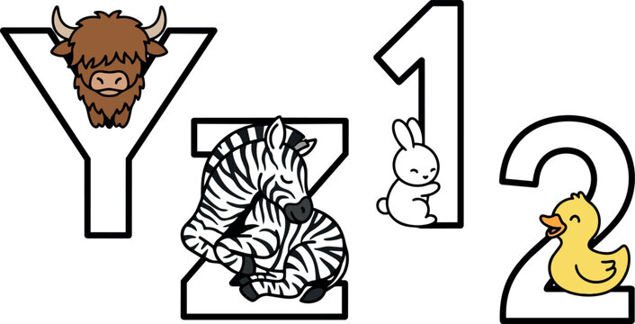 Cute cartoon animal heads including brown yak zebra rabbit and yellow duck with black outlined letters y z one two numbers