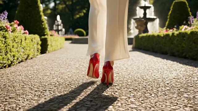 Elegant woman in red high heels walking through a sunny garden path