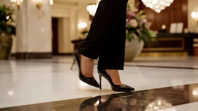Professional Woman in High Heels Walking in Luxury Lobby