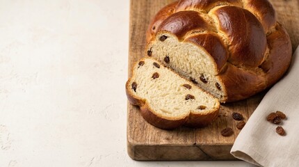 Fototapeta premium Sliced challah bread with raisins on a wooden board, warm and inviting atmosphere 