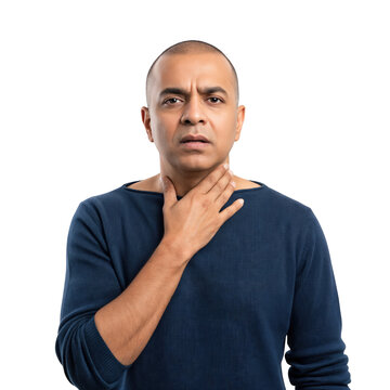 Middle Aged Indian Man Suffering From Chronic Laryngitis Or Sore Throat Pain