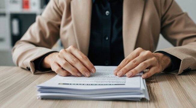 Woman lawyer reading legal document at office desk. Businesswoman reviewing contract or business agreement. Professional working with paperwork. Concept of corporate law and administration.
