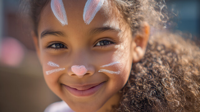 Cute smiling little girl with Easter bunny face paint and white whiskers drawn on her cheeks and nose