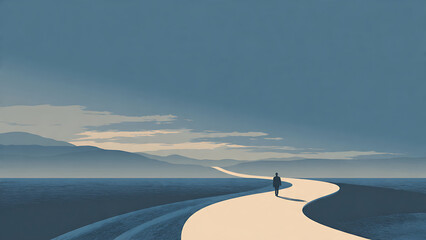Minimalist flat vector illustration of a solitary person walking a winding path into the horizon, symbolizing a personal journey, hope for the future, and seeking new direction