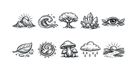 Obraz premium Nature elements icon set. Hand-drawn, outline icons collection of natural symbols.