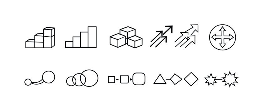 Business and analytics outline icon set. Charts, graphs, data symbols collection