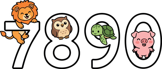 Obraz premium Cute cartoon lion climbing number seven adorable owl perched inside number eight smiling turtle in number nine happy pink pig inside number zero vector art