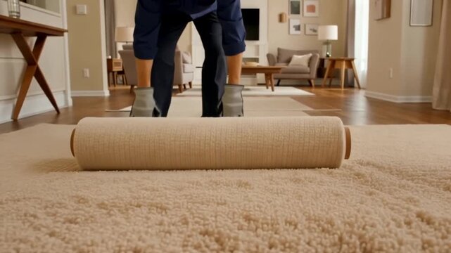 Man installing carpet in a living room with furniture in the background