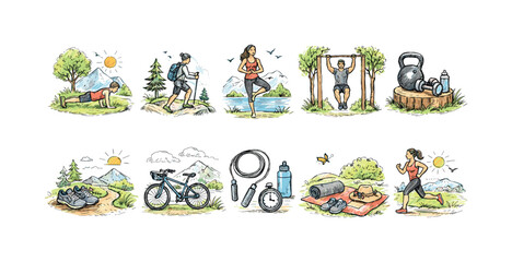 Fototapeta premium Outdoor fitness icon set. Exercise, adventure, wellness icons in outline style