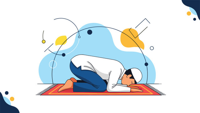 Illustration of a Muslim man performing prostration prayer on a red rug against a decorative blue and yellow background.