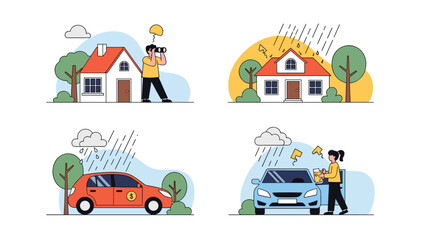 Naklejka premium Set of illustrations showing home and car insurance scenarios with weather damage and theft protection concepts.