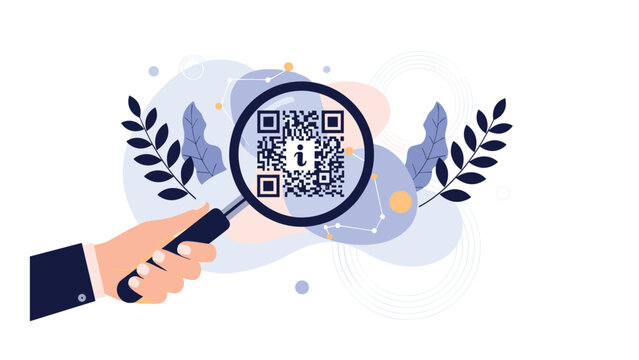 Hand holding a magnifying glass over a qr code with an information icon inside for digital data and scanning concepts.