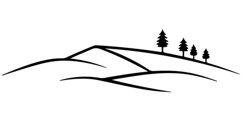 Fototapeta premium Minimalist hand drawn mountain landscape illustration, black ink sketch of rolling hills and vineyard fields, rustic nature background for organic farming, wine labels, and sustainable branding.