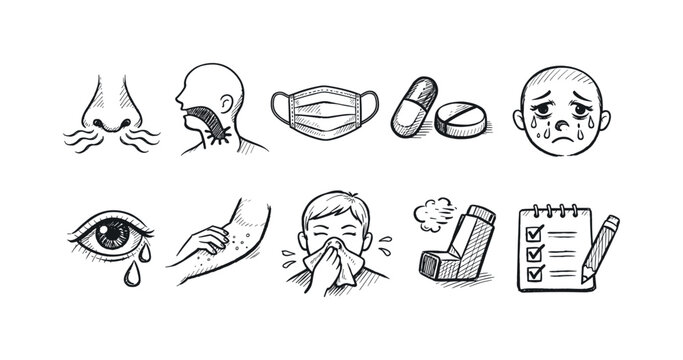 Allergy symptoms icon set. Hand-drawn health and medical illustrations collection.