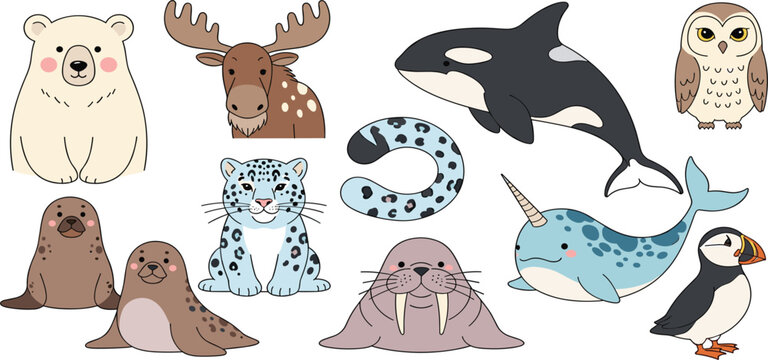 Cute Arctic and Wild Animal Collection Featuring Polar Bear Orca Narwhal Walrus Snow Leopard Owl and More Vector Illustration Set