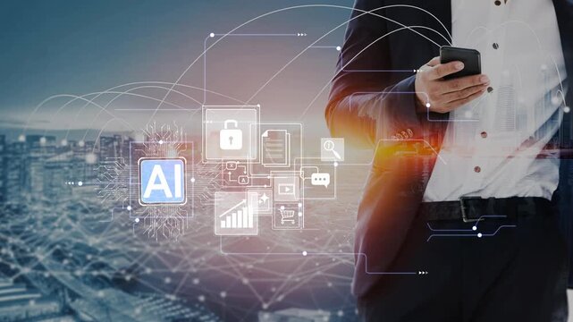 Businessman Using Smartphone with Artificial Intelligence Icons and Urban Skyline Visualization of Modern Technology and Cybersecurity Concepts Gluon.