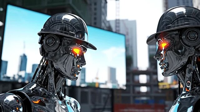 Robotic Builders: Two futuristic robot builders with reflective metallic bodies stand side-by-side on a modern construction site, gazing towards the horizon, showcasing advancement in technology