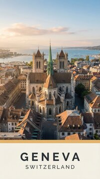 Geneva Switzerland Gothic Cathedral Historic City Scenic Travel Poster