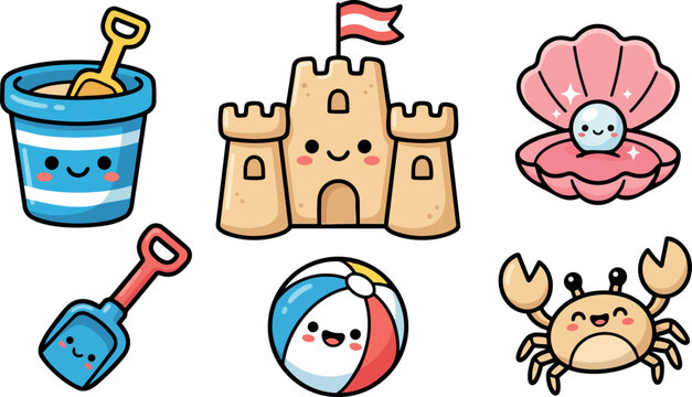 Cute kawaii style smiling sandcastle crab beach ball blue bucket and shovel with happy pearl in pink shell vector art