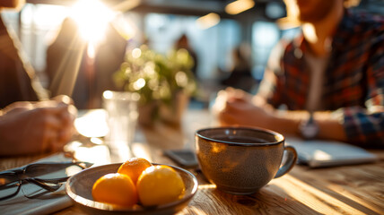 People Enjoy Coffee and Fruit Together in a Bright Cafe Setting