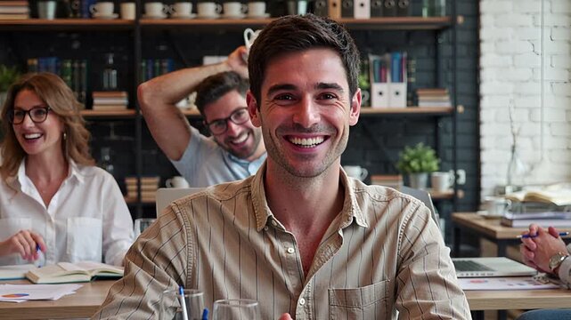 man with down syndrome smiling in casual office meeting setting | inclusion, diversity, workplace, community, acceptance theme