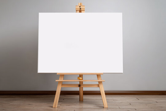 Blank white canvas on a wooden easel stand in a minimalist room with grey wall and wooden floor, perfect for artist portfolio, gallery mockup and creative presentation