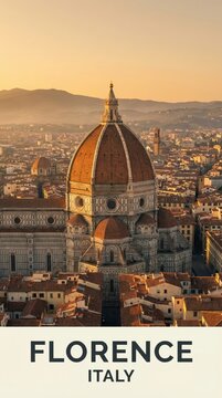 Florence Italy Travel Poster Duomo Cathedral Dome Aerial Golden Sunset Cityscape
