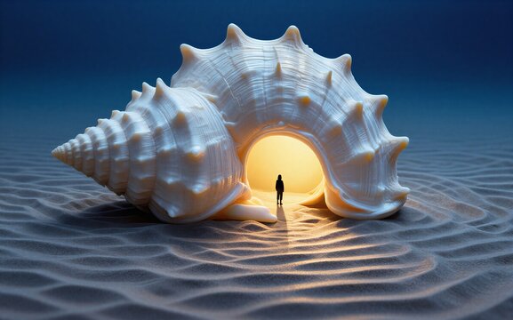 A lone figure stands before a giant shell its inner glow illuminating