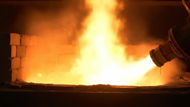 Industrial Furnace with Blazing Fire and Burner.